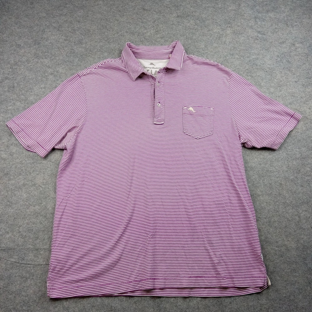Tommy Bahama Relax Polo Shirt Mens XL Purple White Stripe Pocket Marlin Cotton